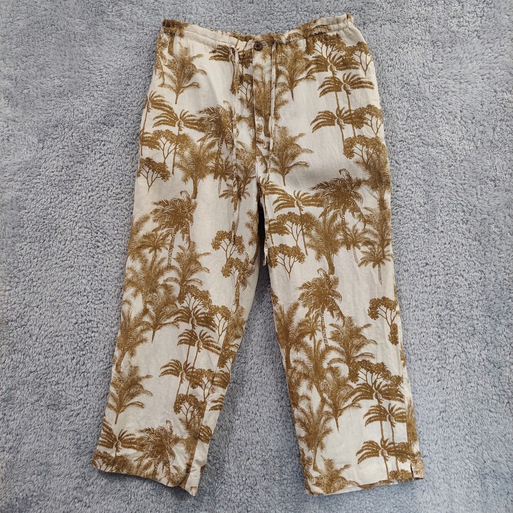 Jamaica Bay Linen Pants Women's Small Tan Brown Palm Tree Cropped Summer
